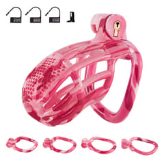 Pink Encounter-3D Design Chastity Cage with 4 Rings and Disposable Lock