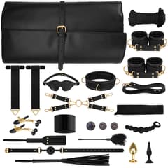 21-Piece Bondage Restraints Kit - Leather Cuffs & Accessories with Storage Bag