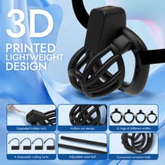 UTIMI 3D Printed Chastity Cage – Breathable PC Cock Cage with 4 Size Rings, Hidden Lock & Adjustable Belt (Black)