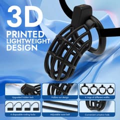 UTIMI 3D Printed Chastity Cage – Breathable PC Cock Cage with 4 Size Rings, Hidden Lock & Adjustable Belt (Black)