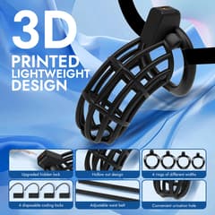 UTIMI 3D Printed Chastity Cage – Breathable PC Cock Cage with 4 Size Rings, Hidden Lock & Adjustable Belt (Black)