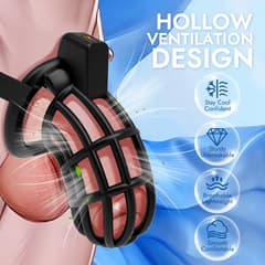 UTIMI 3D Printed Chastity Cage – Breathable PC Cock Cage with 4 Size Rings, Hidden Lock & Adjustable Belt (Black)