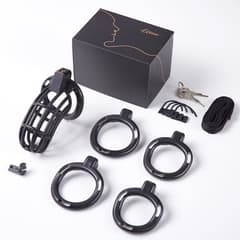 UTIMI 3D Printed Chastity Cage – Breathable PC Cock Cage with 4 Size Rings, Hidden Lock & Adjustable Belt (Black)