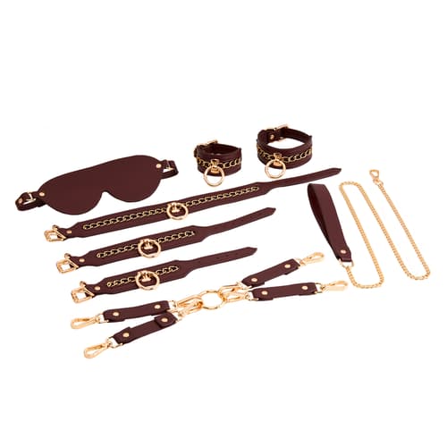 Burgundy - BDSM Bondage Mask Handcuffs 6 Piece Set