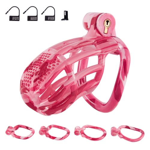 Pink Encounter - 3D Design Chastity Cage with 4 Rings and Disposable Lock