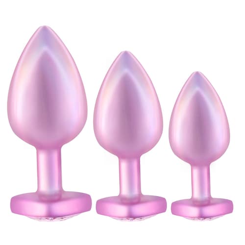 UV Chrome Plated Pink - Jewelled Metal Butt Plug with Heart Shaped Base 3-Piece Set