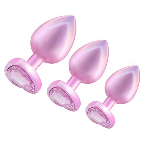 UV Chrome Plated Pink - Jewelled Metal Butt Plug with Heart Shaped Base 3-Piece Set