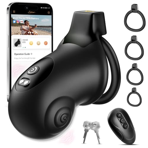 Utimi & Deeplusty App-Controlled Vibrating Chastity Cage – Silicone Cock Cage, 8 Modes, 4 Rings, Secure Lock
