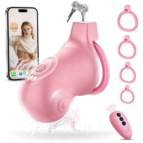 Vibrating Chastity Cage - Utimi & Deeplusty App-Controlled - Silicone Cock Cage, 8 Modes, 4 Rings, Secure Lock（Pink）