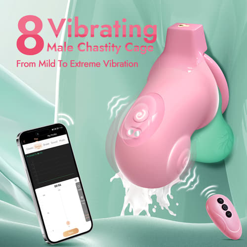 Vibrating Chastity Cage - Utimi & Deeplusty App-Controlled - Silicone Cock Cage, 8 Modes, 4 Rings, Secure Lock（Pink）