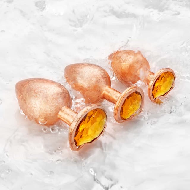 Ice Flower Gold - Round Base Rear Anal Plugs Large, Medium and Small 3-Piece Set