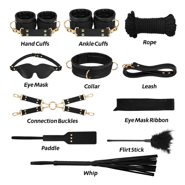 21-Piece Bondage Restraints Kit - Leather Cuffs & Accessories with Storage Bag