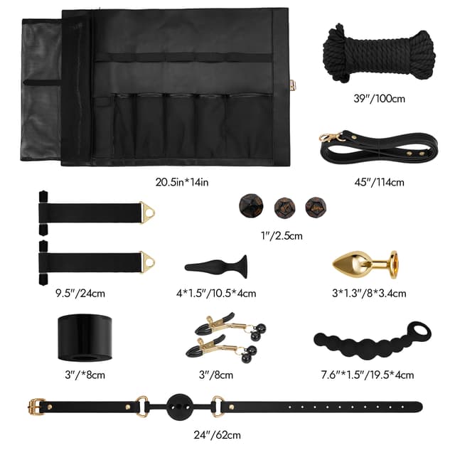 21-Piece Bondage Restraints Kit - Leather Cuffs & Accessories with Storage Bag