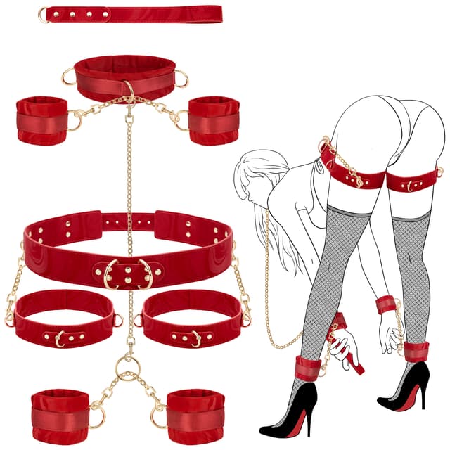 Red 7-Piece BDSM Restraint Kit – Adjustable Bondage Set for Couples