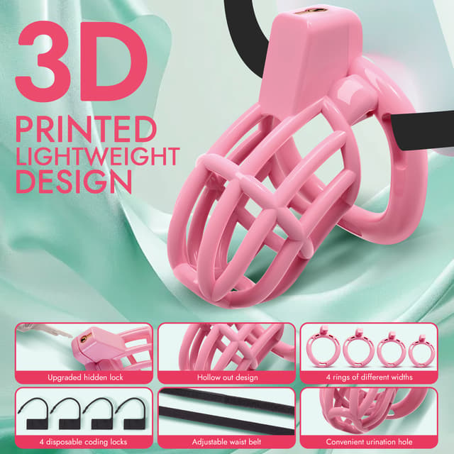 UTIMI 3D Printed Chastity Cage – Breathable PC Cock Cage with 4 Size Rings, Hidden Lock & Adjustable Belt （Pink）