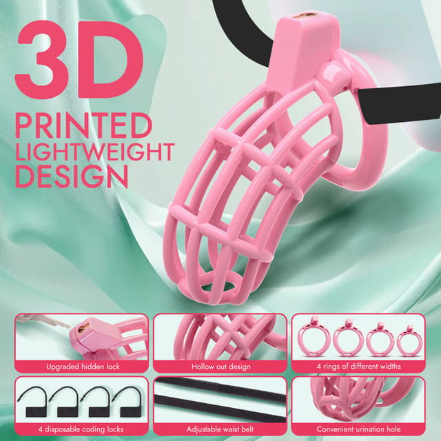 UTIMI 3D Printed Chastity Cage – Breathable PC Cock Cage with 4 Size Rings, Hidden Lock & Adjustable Belt （Pink）