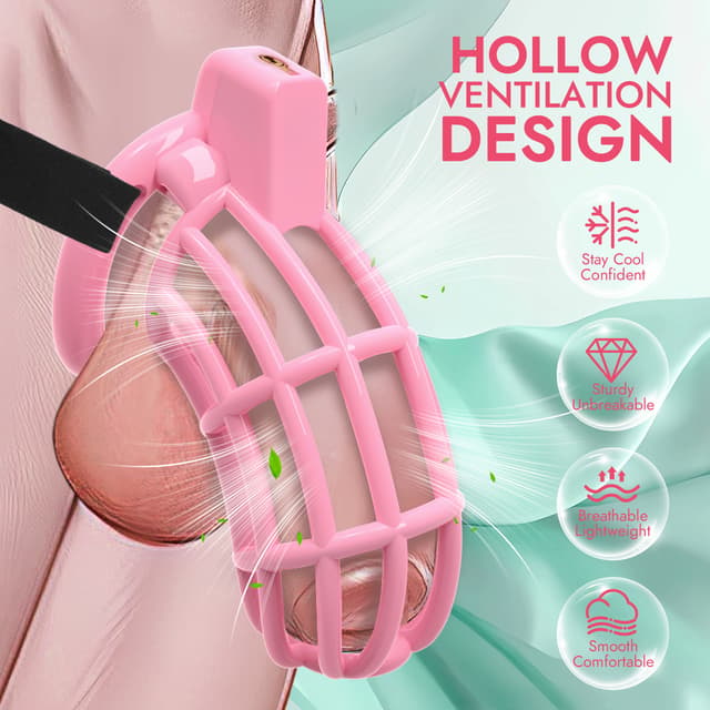 UTIMI 3D Printed Chastity Cage – Breathable PC Cock Cage with 4 Size Rings, Hidden Lock & Adjustable Belt （Pink）