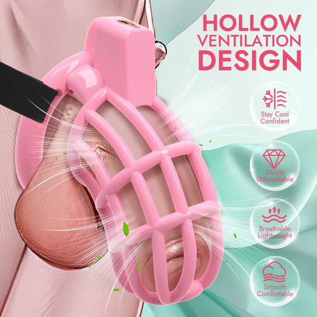 UTIMI 3D Printed Chastity Cage – Breathable PC Cock Cage with 4 Size Rings, Hidden Lock & Adjustable Belt （Pink）