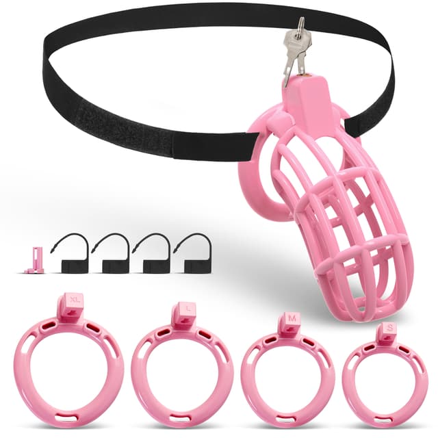 UTIMI 3D Printed Chastity Cage – Breathable PC Cock Cage with 4 Size Rings, Hidden Lock & Adjustable Belt （Pink）