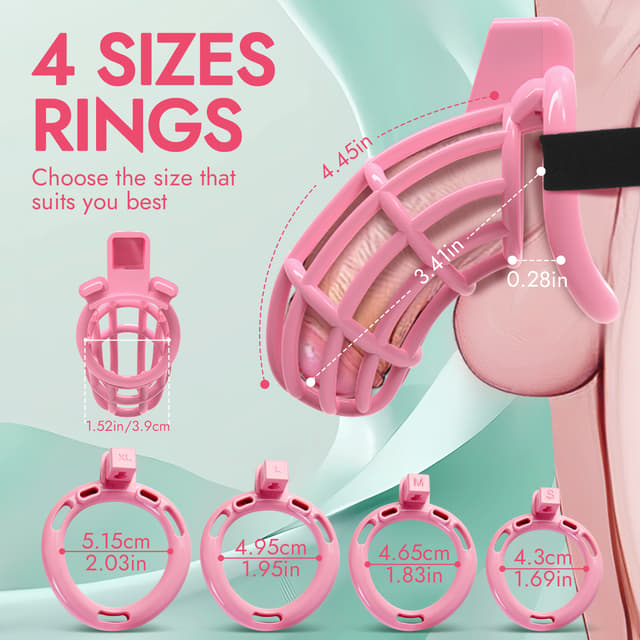 UTIMI 3D Printed Chastity Cage – Breathable PC Cock Cage with 4 Size Rings, Hidden Lock & Adjustable Belt （Pink）
