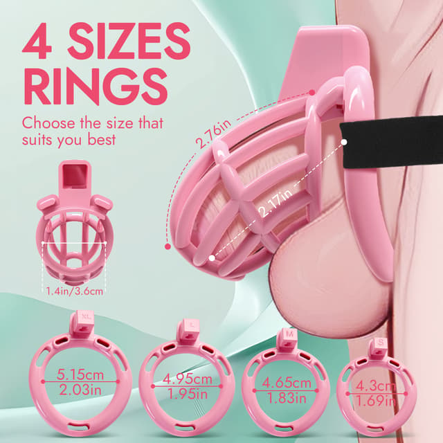 UTIMI 3D Printed Chastity Cage – Breathable PC Cock Cage with 4 Size Rings, Hidden Lock & Adjustable Belt （Pink）