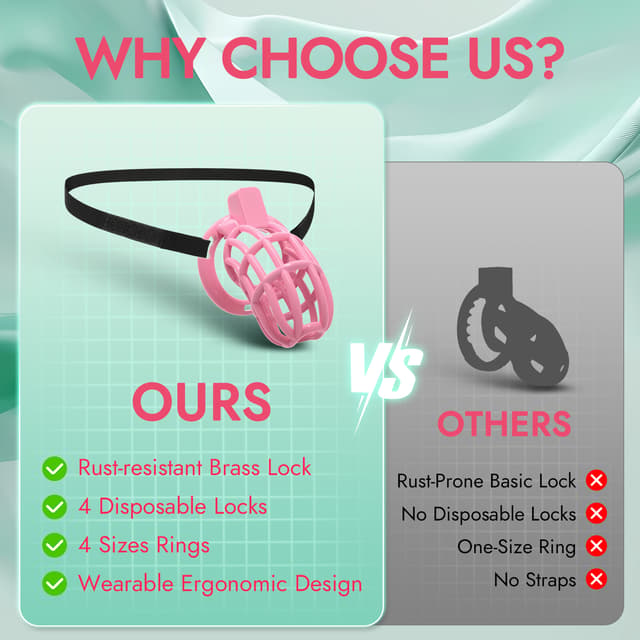 UTIMI 3D Printed Chastity Cage – Breathable PC Cock Cage with 4 Size Rings, Hidden Lock & Adjustable Belt （Pink）