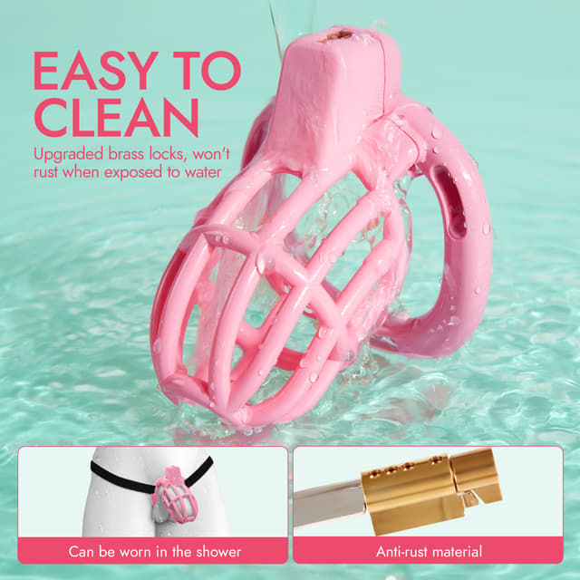 UTIMI 3D Printed Chastity Cage – Breathable PC Cock Cage with 4 Size Rings, Hidden Lock & Adjustable Belt （Pink）