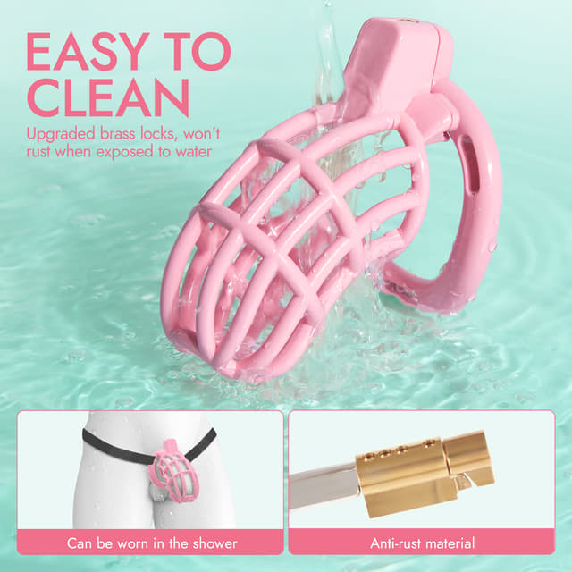 UTIMI 3D Printed Chastity Cage – Breathable PC Cock Cage with 4 Size Rings, Hidden Lock & Adjustable Belt （Pink）