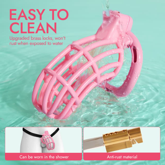 UTIMI 3D Printed Chastity Cage – Breathable PC Cock Cage with 4 Size Rings, Hidden Lock & Adjustable Belt （Pink）