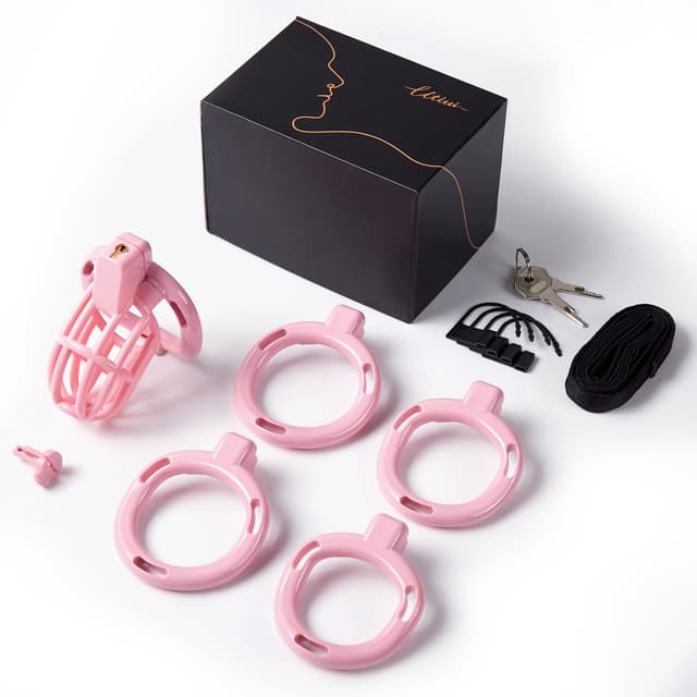 UTIMI 3D Printed Chastity Cage – Breathable PC Cock Cage with 4 Size Rings, Hidden Lock & Adjustable Belt （Pink）