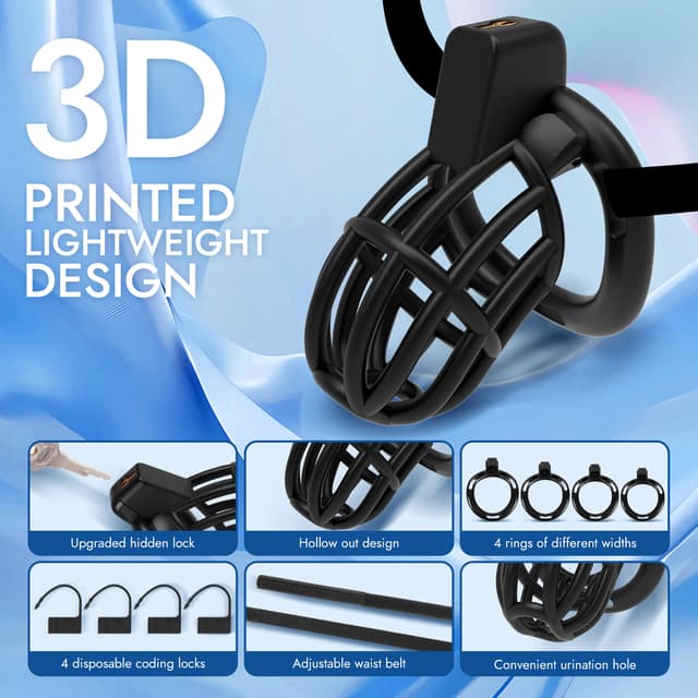 UTIMI 3D Printed Chastity Cage – Breathable PC Cock Cage with 4 Size Rings, Hidden Lock & Adjustable Belt （Black）