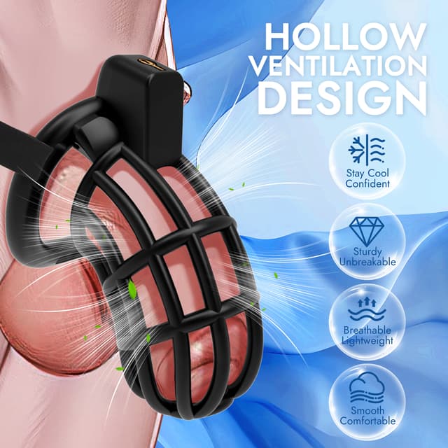 UTIMI 3D Printed Chastity Cage – Breathable PC Cock Cage with 4 Size Rings, Hidden Lock & Adjustable Belt （Black）
