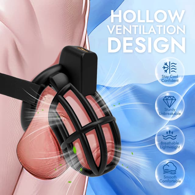 UTIMI 3D Printed Chastity Cage – Breathable PC Cock Cage with 4 Size Rings, Hidden Lock & Adjustable Belt （Black）