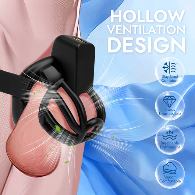 UTIMI 3D Printed Chastity Cage – Breathable PC Cock Cage with 4 Size Rings, Hidden Lock & Adjustable Belt （Black）