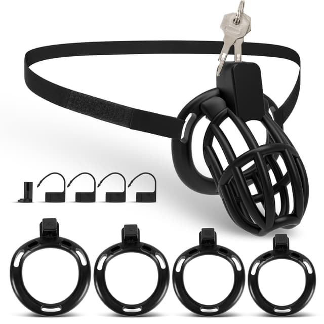 UTIMI 3D Printed Chastity Cage – Breathable PC Cock Cage with 4 Size Rings, Hidden Lock & Adjustable Belt （Black）