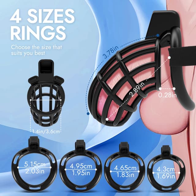 UTIMI 3D Printed Chastity Cage – Breathable PC Cock Cage with 4 Size Rings, Hidden Lock & Adjustable Belt （Black）