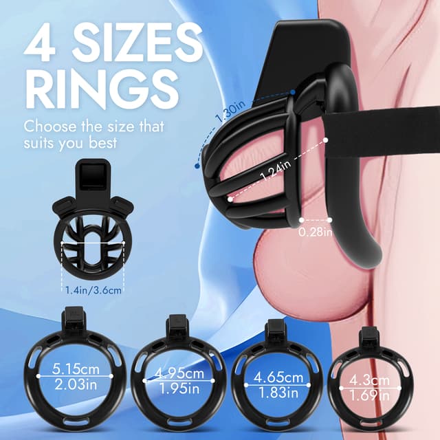 UTIMI 3D Printed Chastity Cage – Breathable PC Cock Cage with 4 Size Rings, Hidden Lock & Adjustable Belt （Black）