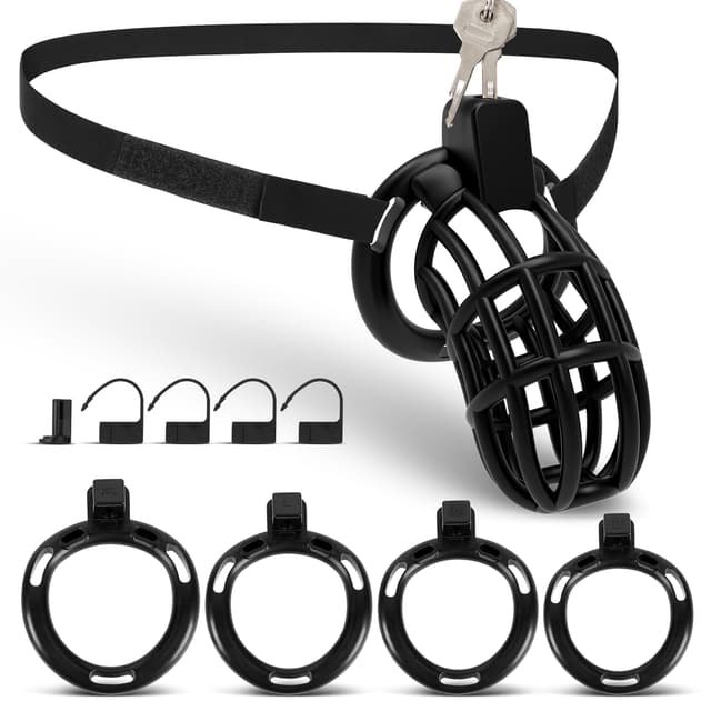 UTIMI 3D Printed Chastity Cage – Breathable PC Cock Cage with 4 Size Rings, Hidden Lock & Adjustable Belt （Black）