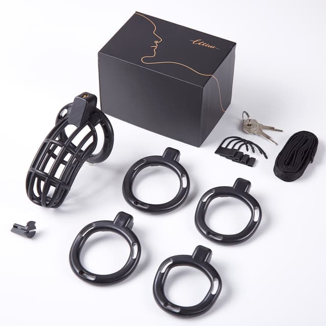 UTIMI 3D Printed Chastity Cage – Breathable PC Cock Cage with 4 Size Rings, Hidden Lock & Adjustable Belt （Black）