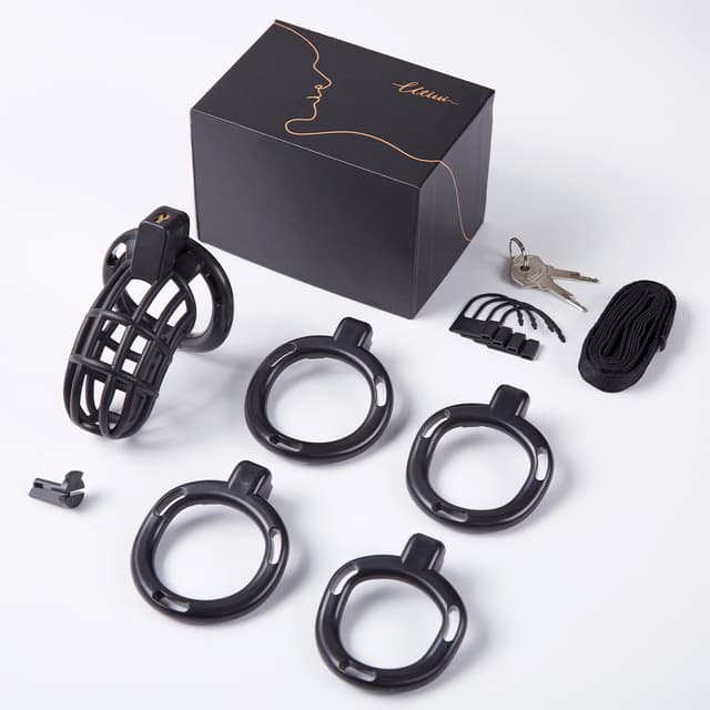 UTIMI 3D Printed Chastity Cage – Breathable PC Cock Cage with 4 Size Rings, Hidden Lock & Adjustable Belt （Black）