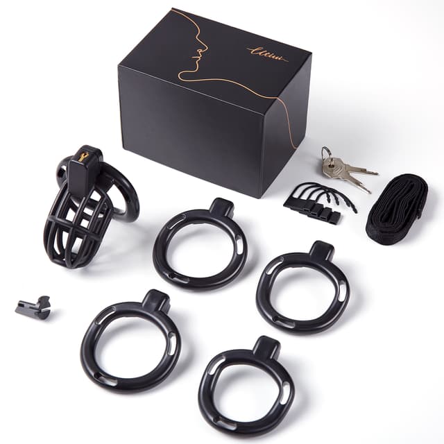 UTIMI 3D Printed Chastity Cage – Breathable PC Cock Cage with 4 Size Rings, Hidden Lock & Adjustable Belt （Black）