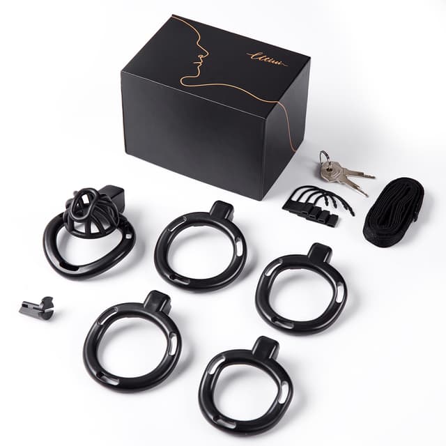 UTIMI 3D Printed Chastity Cage – Breathable PC Cock Cage with 4 Size Rings, Hidden Lock & Adjustable Belt （Black）