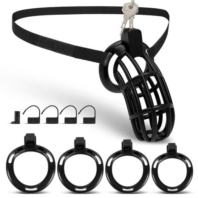 UTIMI 3D Printed Chastity Cage – Breathable PC Cock Cage with 4 Size Rings, Hidden Lock & Adjustable Belt （Black）