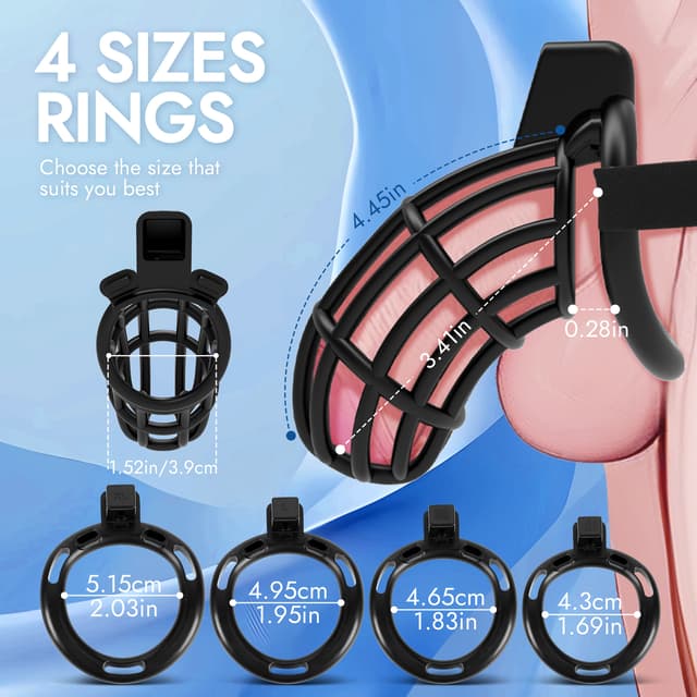 UTIMI 3D Printed Chastity Cage – Breathable PC Cock Cage with 4 Size Rings, Hidden Lock & Adjustable Belt （Black）