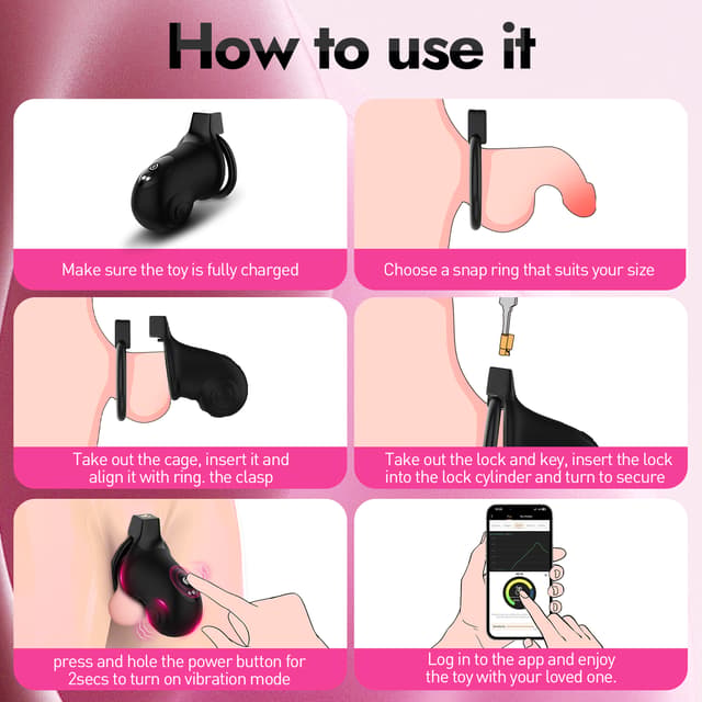Utimi & Deeplusty App-Controlled Vibrating Chastity Cage – Silicone Cock Cage, 8 Modes, 4 Rings, Secure Lock